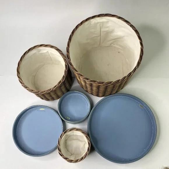 RARE Vintage 2002 Set of 3 LEVENGER Woven Nesting Baskets Stackable Leather Lids - Picture 5 of 8